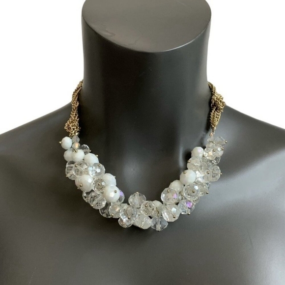 Clear White Crystals Cluster Gold Tone Multilayer Chain Statement Necklace 18-21 - Picture 1 of 2